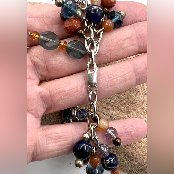 Handmade Sterling Silver Gold Stone Multi Stone Link Dangle Charm Bracelet 8" - Picture 4 of 4